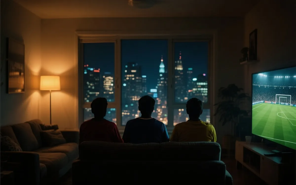 深夜观看世界杯的球迷与城市夜景氛围图